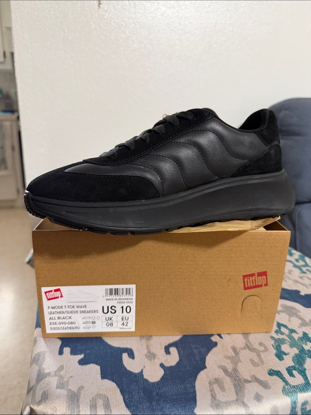 Fitflop Women’s F-Mode T-Toe Black Leather & Suede Wave Sneakersi